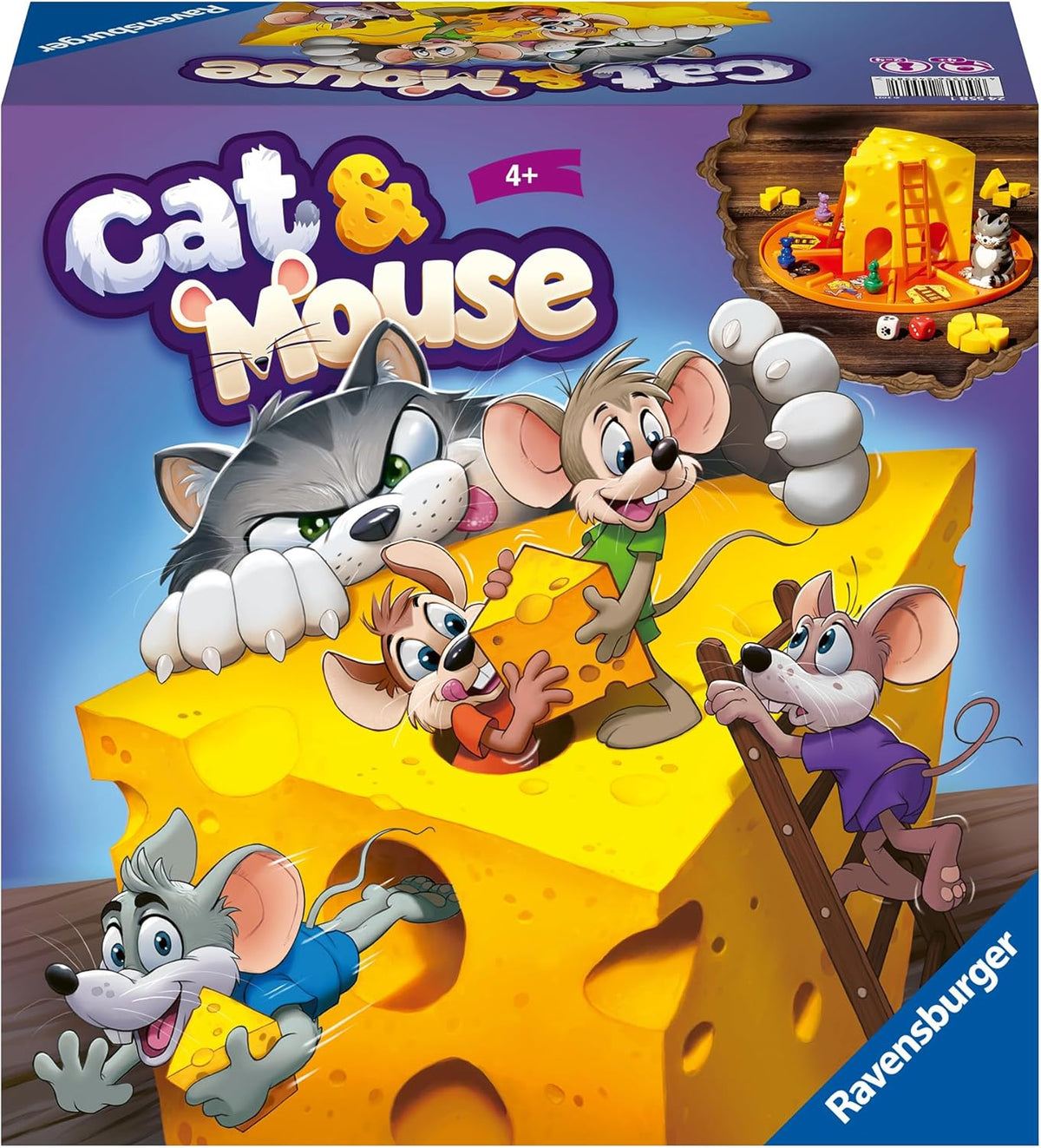 ravensburger Board game box for 'Cat & Mouse' featuring cartoon characters on a cheese block.