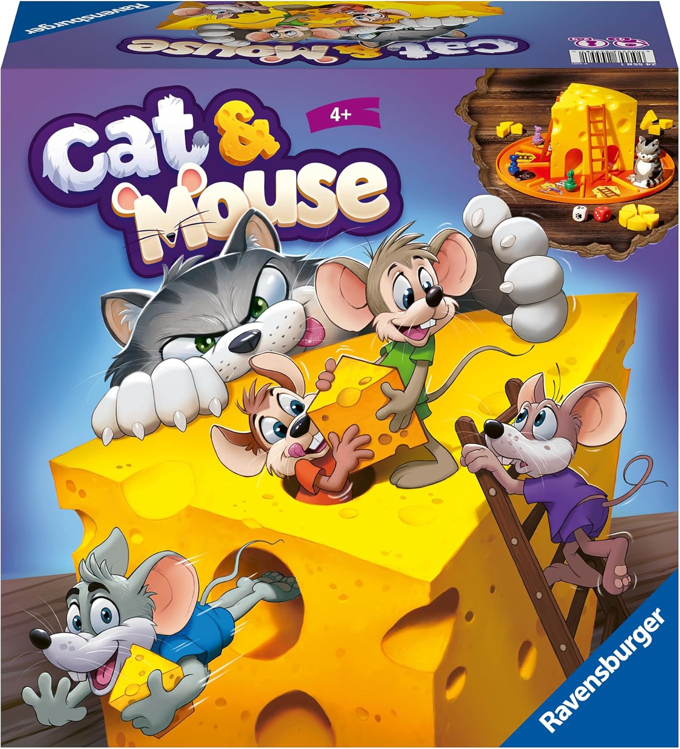 ravensburger Board game box for 'Cat & Mouse' featuring cartoon characters on a cheese block.