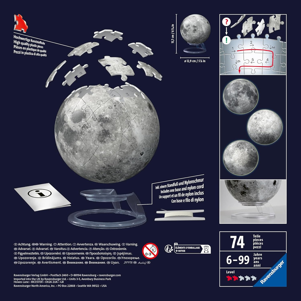 ravensburger Moon 3D puzzle packaging with assembly instructions and product details on a dark blue background