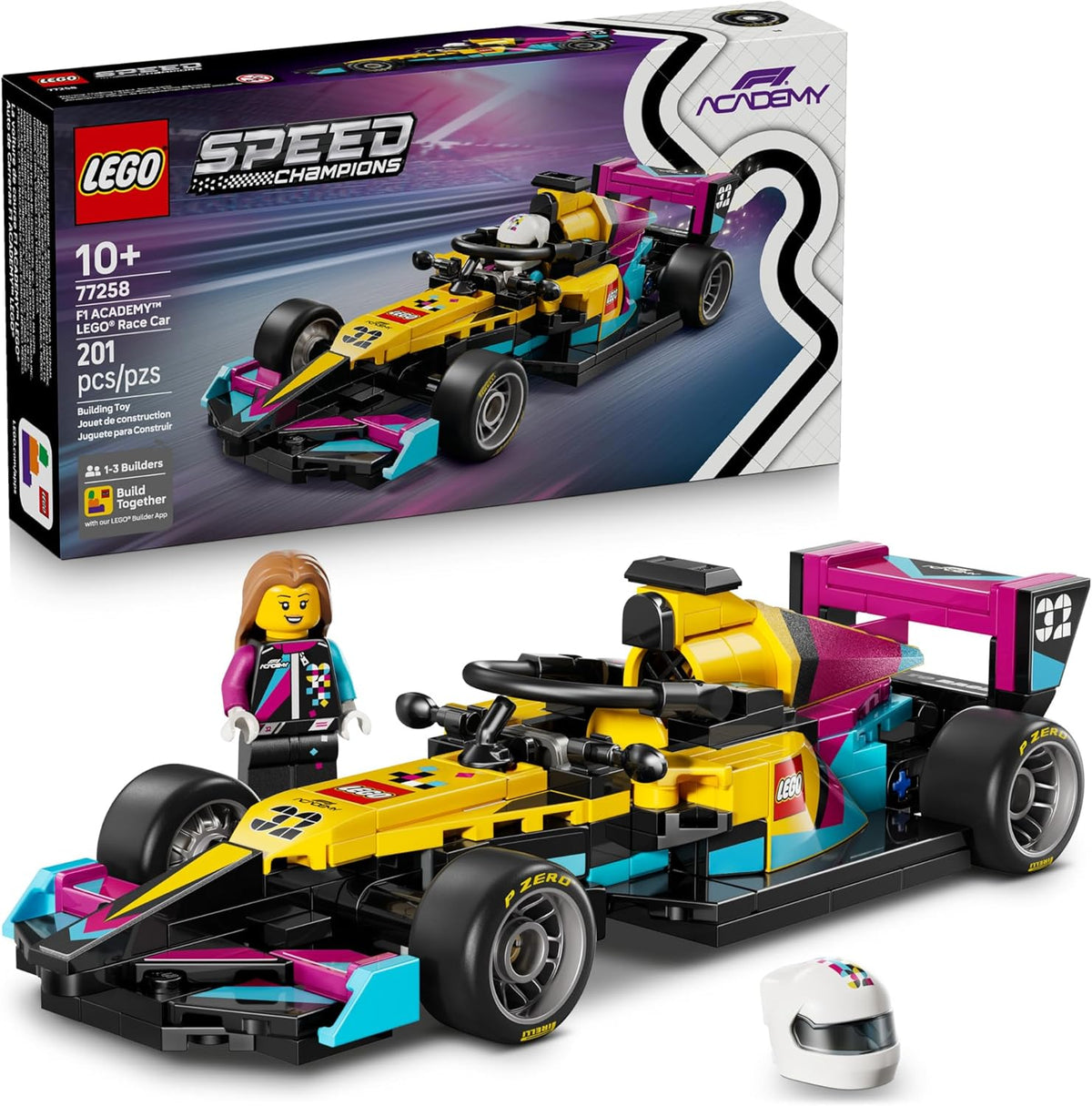 LEGO Speed Champions Formula 1 car set 77258 with purple and yellow colors, and female minifigure.