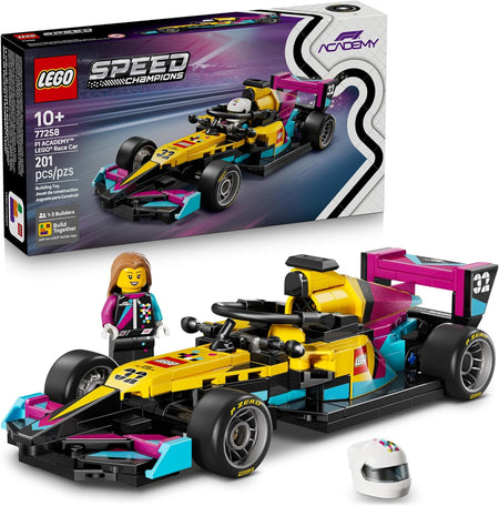 LEGO Speed Champions Formula 1 car set 77258 with purple and yellow colors, and female minifigure.