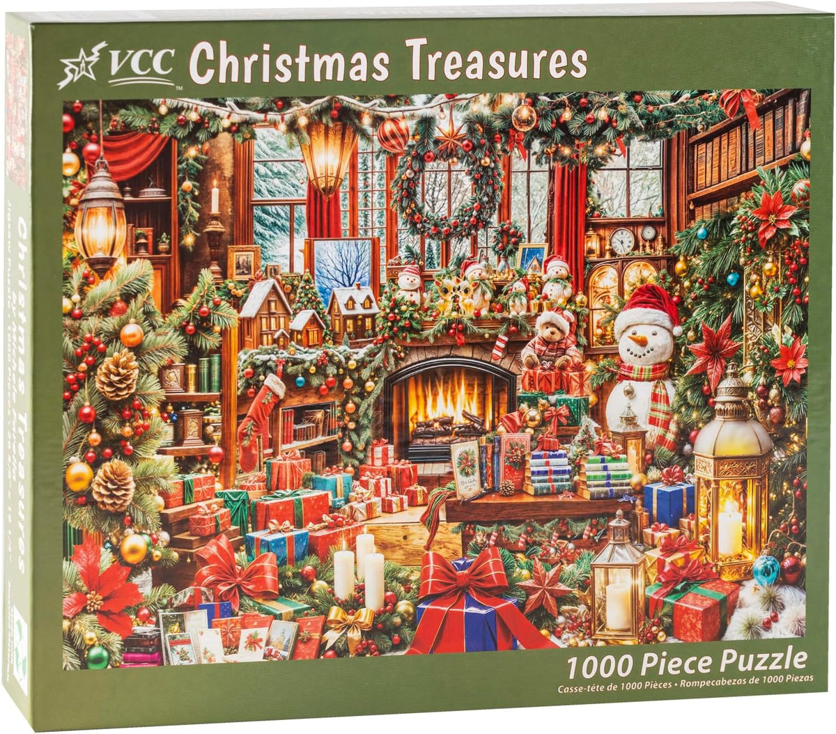 VCC Christmas Treasures 1000-piece jigsaw puzzle box with a festive scene of a decorated room.