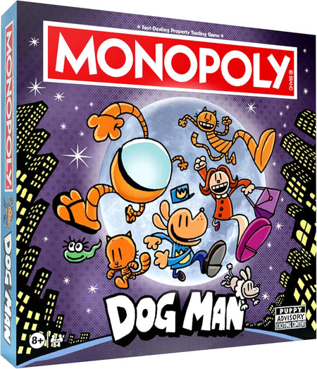 usaopoly Monopoly board game box featuring Dog Man characters on a purple background
