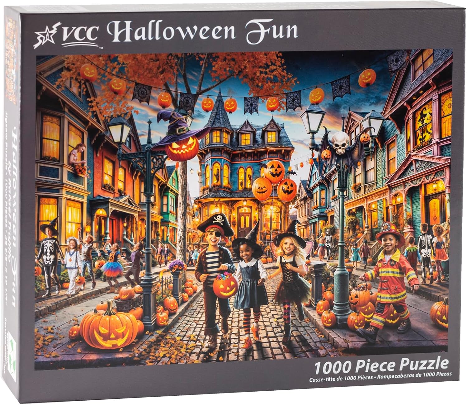 VCC Halloween Fun 1000-piece jigsaw puzzle box with a colorful Halloween-themed street scene on the cover.