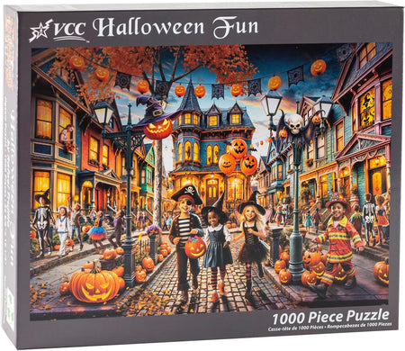 VCC Halloween Fun 1000-piece jigsaw puzzle box with a colorful Halloween-themed street scene on the cover.