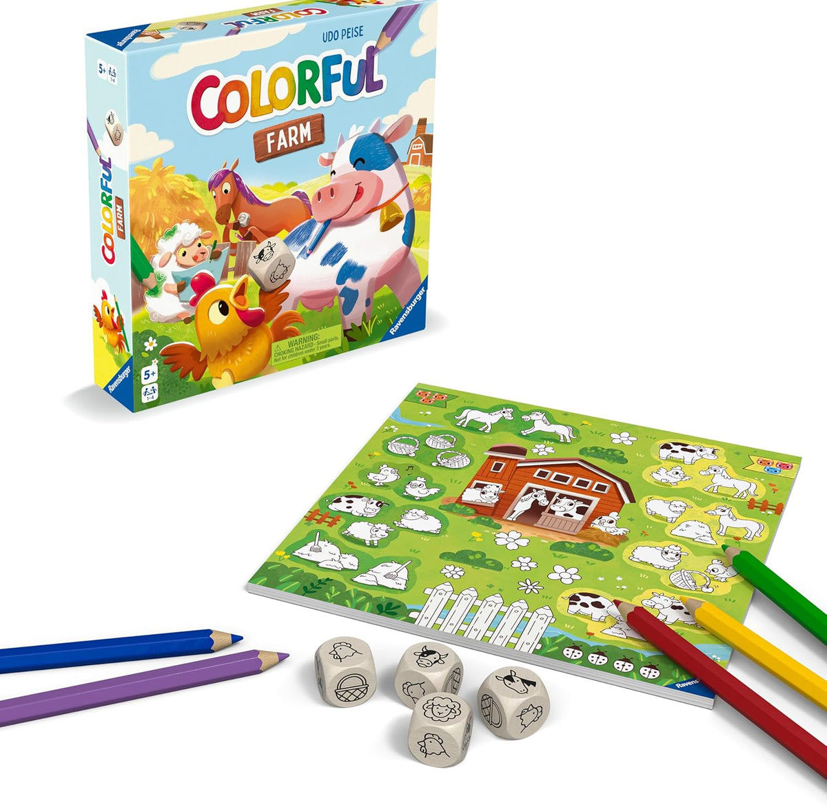 ravensburger Colorful Farm game set with packaging, dice, and colored pencils.