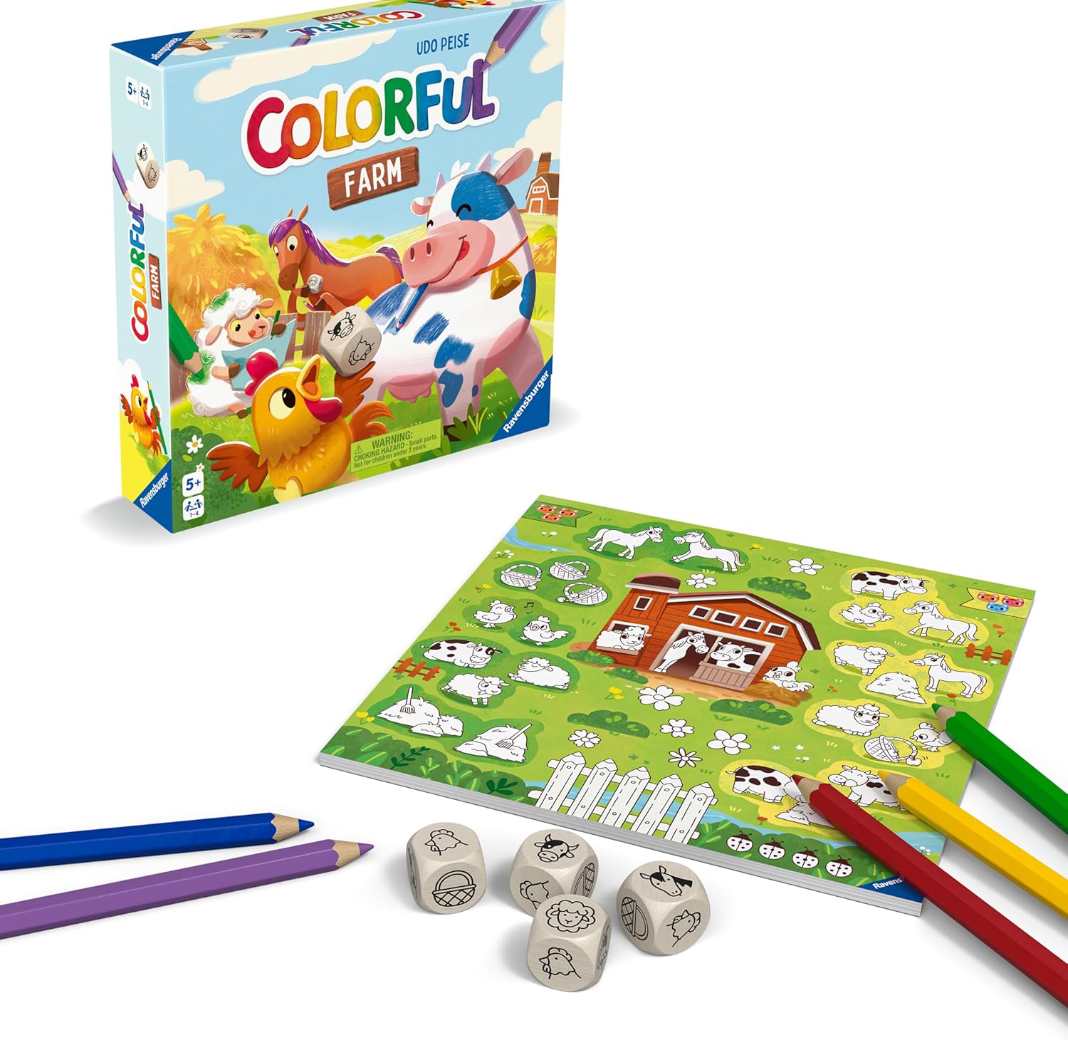ravensburger Colorful Farm game set with packaging, dice, and colored pencils.