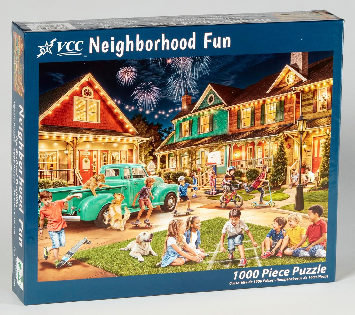 VCC Neighborhood Fun 1000-piece jigsaw puzzle box with children playing in a neighborhood scene.