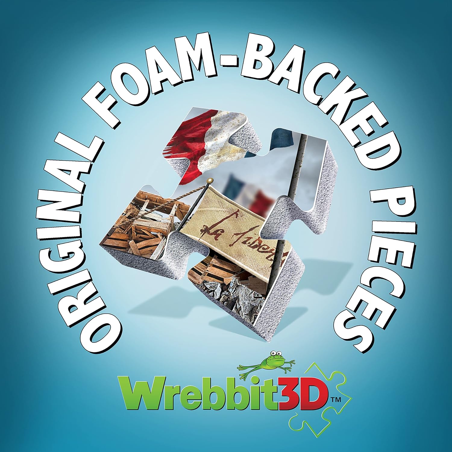 Wrebbit 3D puzzle packaging with text 'Original Foam-Backed Pieces' on a blue background