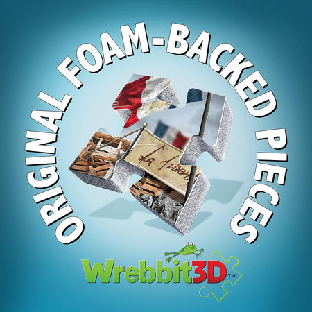 Wrebbit 3D puzzle packaging with text 'Original Foam-Backed Pieces' on a blue background