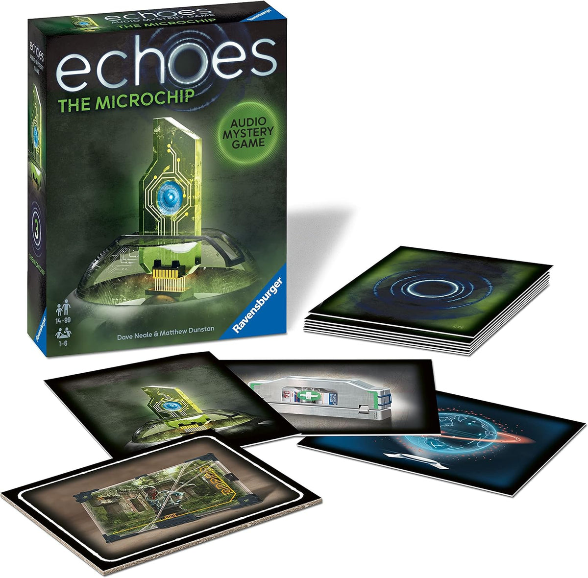 Board game packaging for 'echoes: The Microchip' by Ravensburger with game cards displayed.