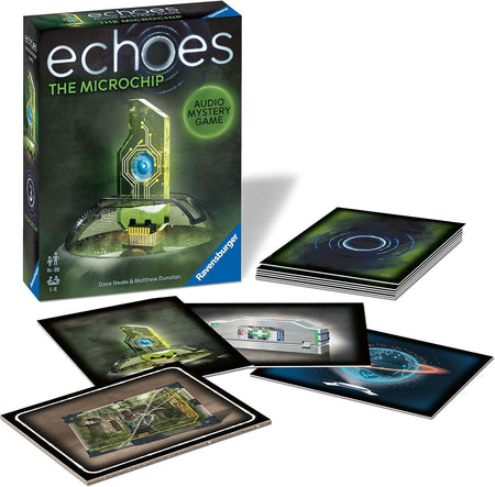 Board game packaging for 'echoes: The Microchip' by Ravensburger with game cards displayed.