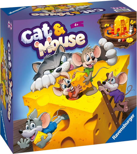 Board game box for 'Cat & Mouse' by Ravensburger with cartoon characters on a cheese block.
