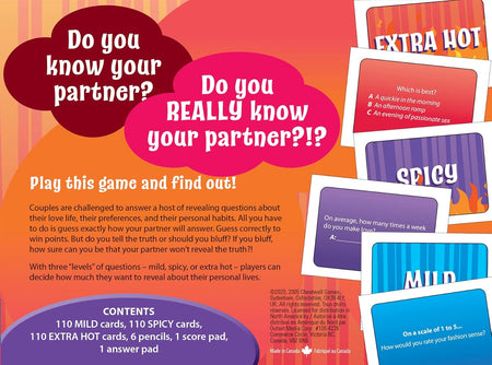 Promotional graphic for a relationship game with question cards and text about knowing your partner.