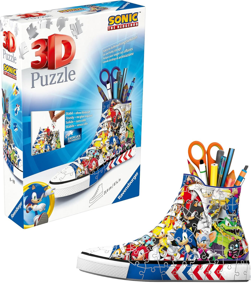 ravensburger Sonic the Hedgehog 3D puzzle shoe with packaging on a white background