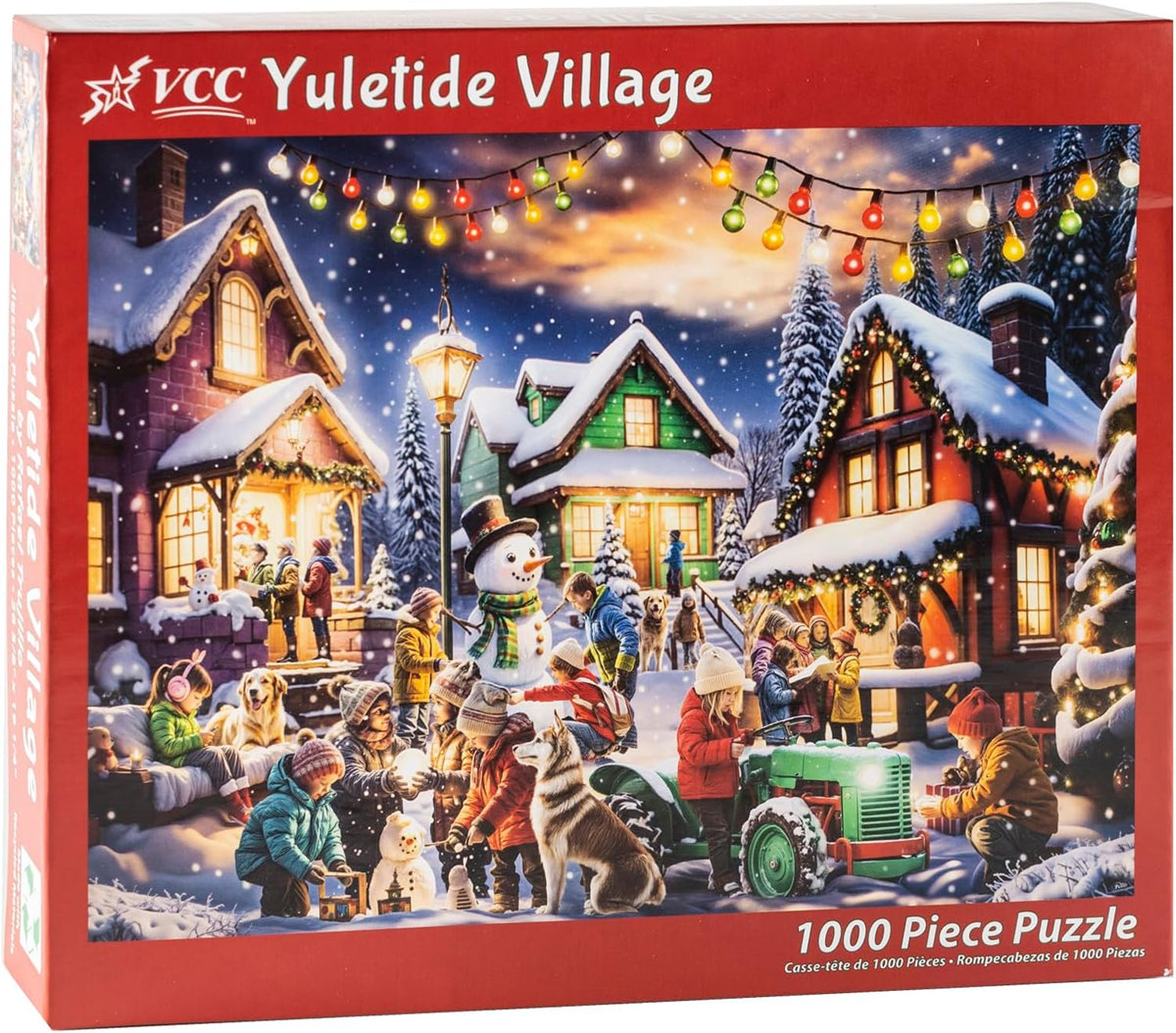 vermont christmas company 1000-piece Jigsaw puzzle box featuring a winter village scene with snowmen and lights, labeled Yuletide Village'.