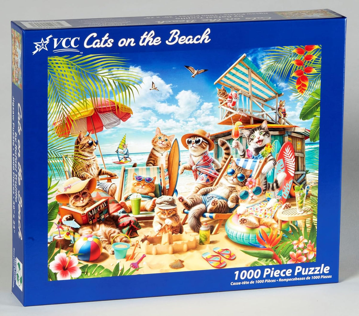 VCC Cats on the Beach 1000-piece jigsaw puzzle box with colorful illustration of cats on the beach.