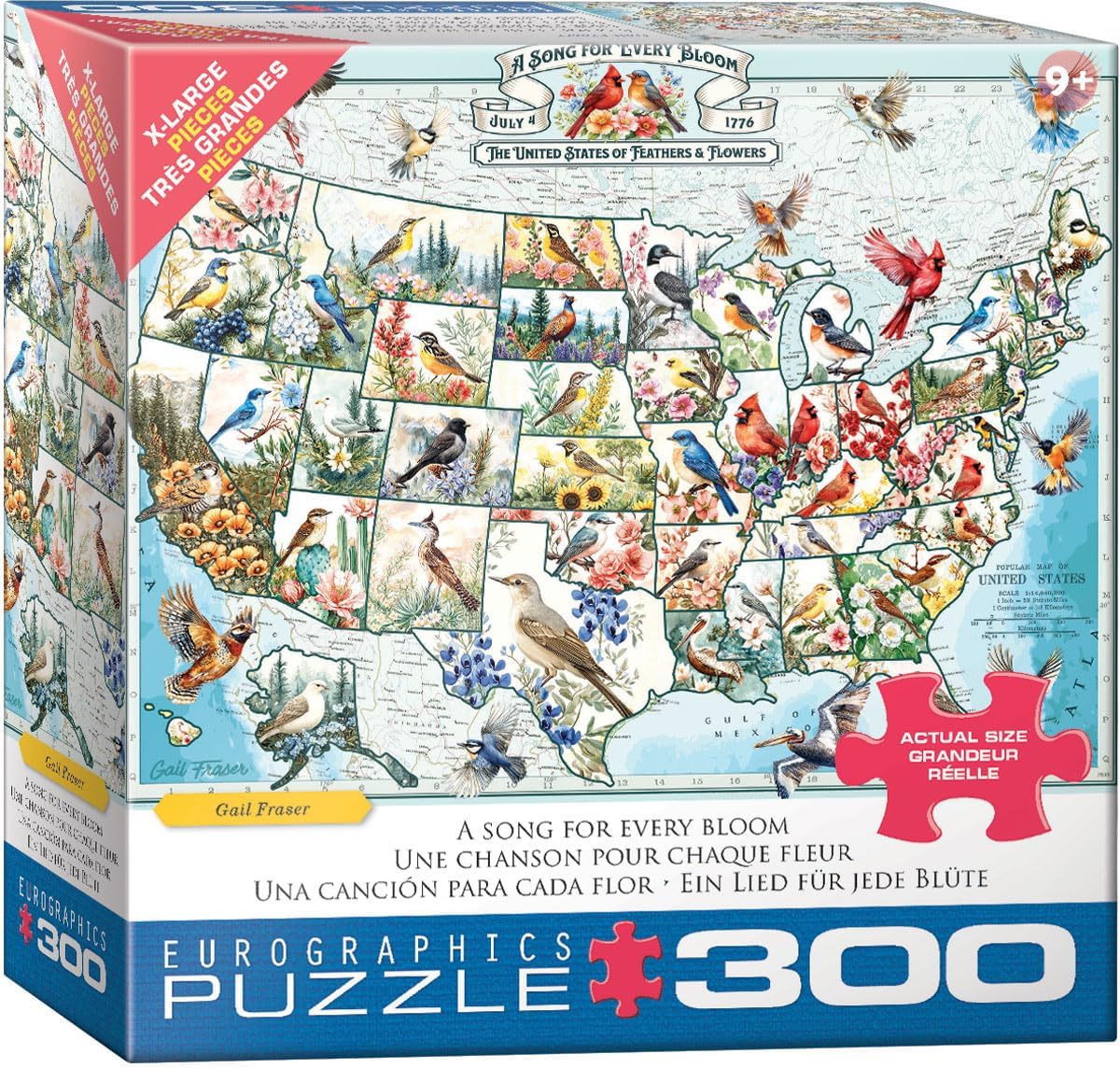 Eurographics 300-piece jigsaw Puzzle box featuring a map of the United States with birds and flowers