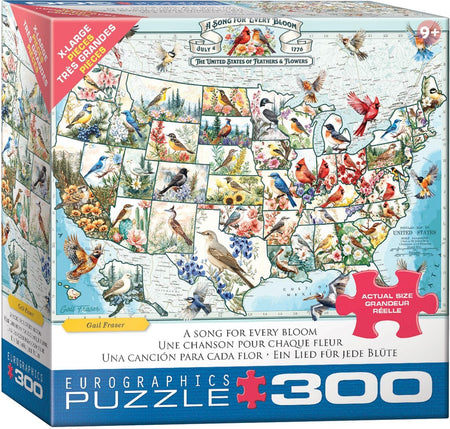 Eurographics 300-piece jigsaw Puzzle box featuring a map of the United States with birds and flowers