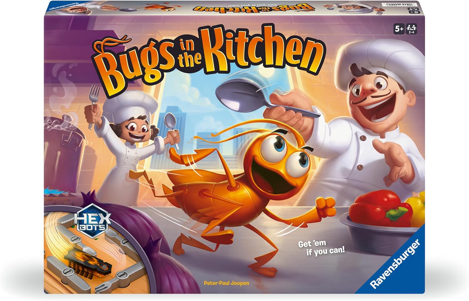 ravensburger Board game box titled 'Bugs in the Kitchen' with cartoon characters and bug hex bots.