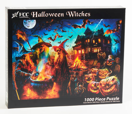 VCC Halloween Witches 1000-piece jigsaw puzzle box with witches, pumpkins, and a haunted house on a dark background.