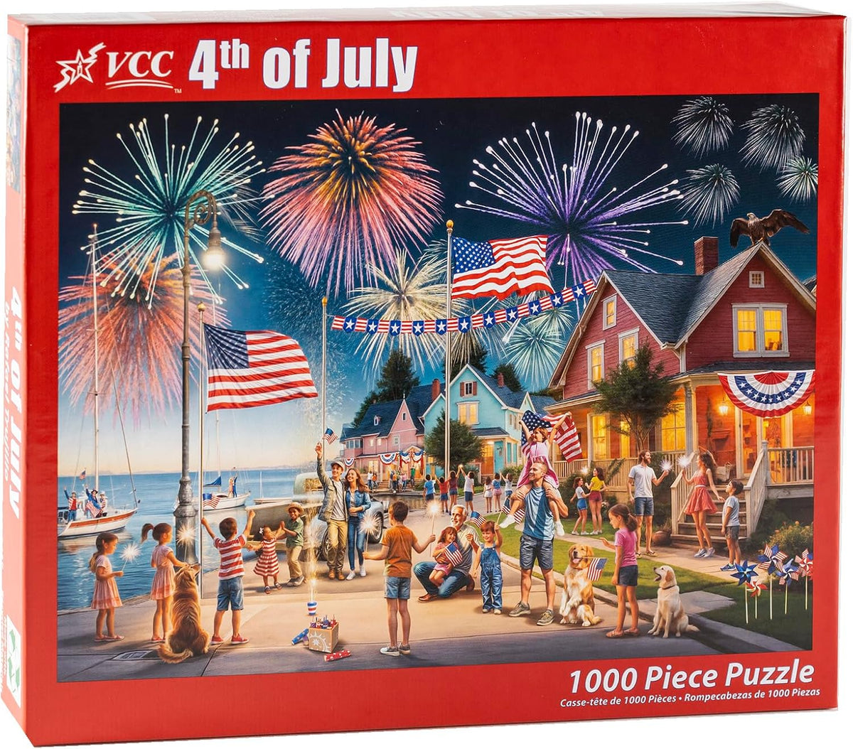VCC 4th of July 1000-piece jigsaw puzzle box with fireworks and people celebrating by a lake.