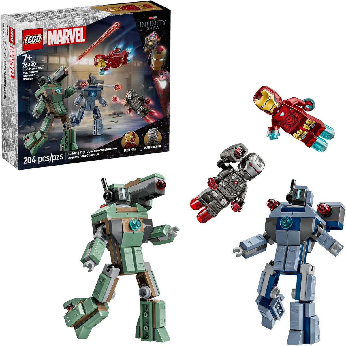 LEGO Marvel set 76320 with robot figures and packaging on a white background
