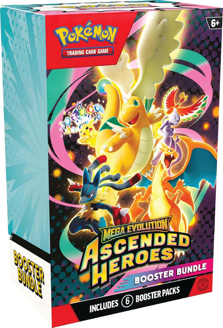 Pokémon trading card game booster bundle packaging with Mega Evolution Ascended Heroes theme.