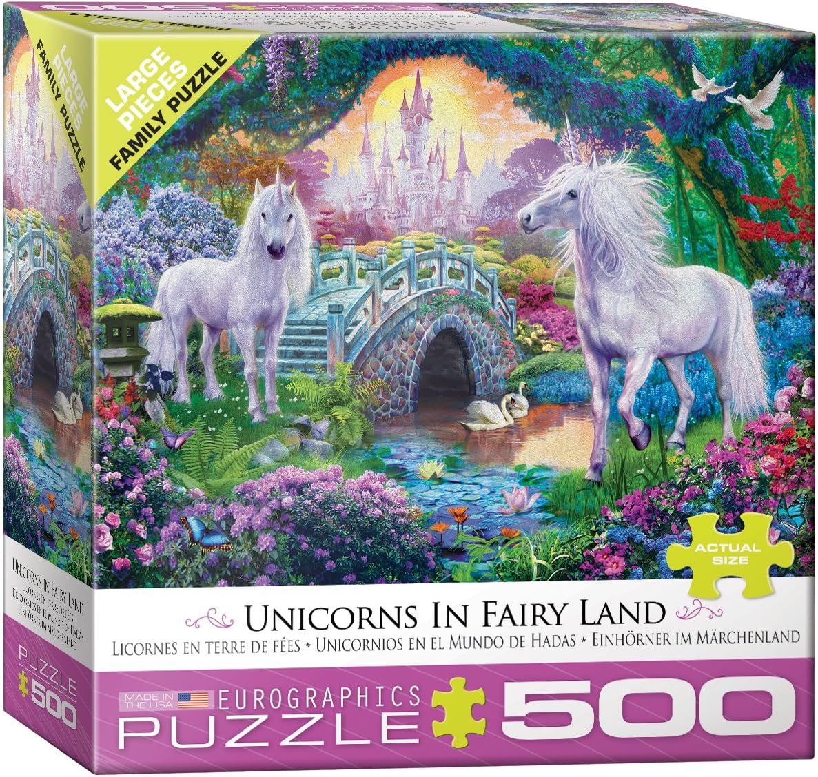 eurographics 500-pieceJigsaw puzzle box featuring unicorns in a fantasy landscape with a castle and bridge.