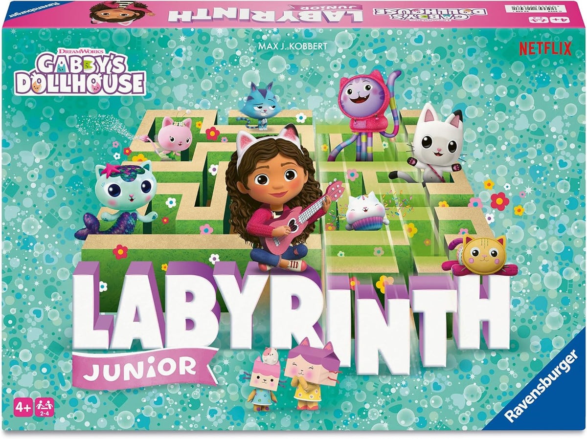 Board game box for 'Gabby's Dollhouse Labyrinth Junior' by Ravensburger with colorful characters and maze design.