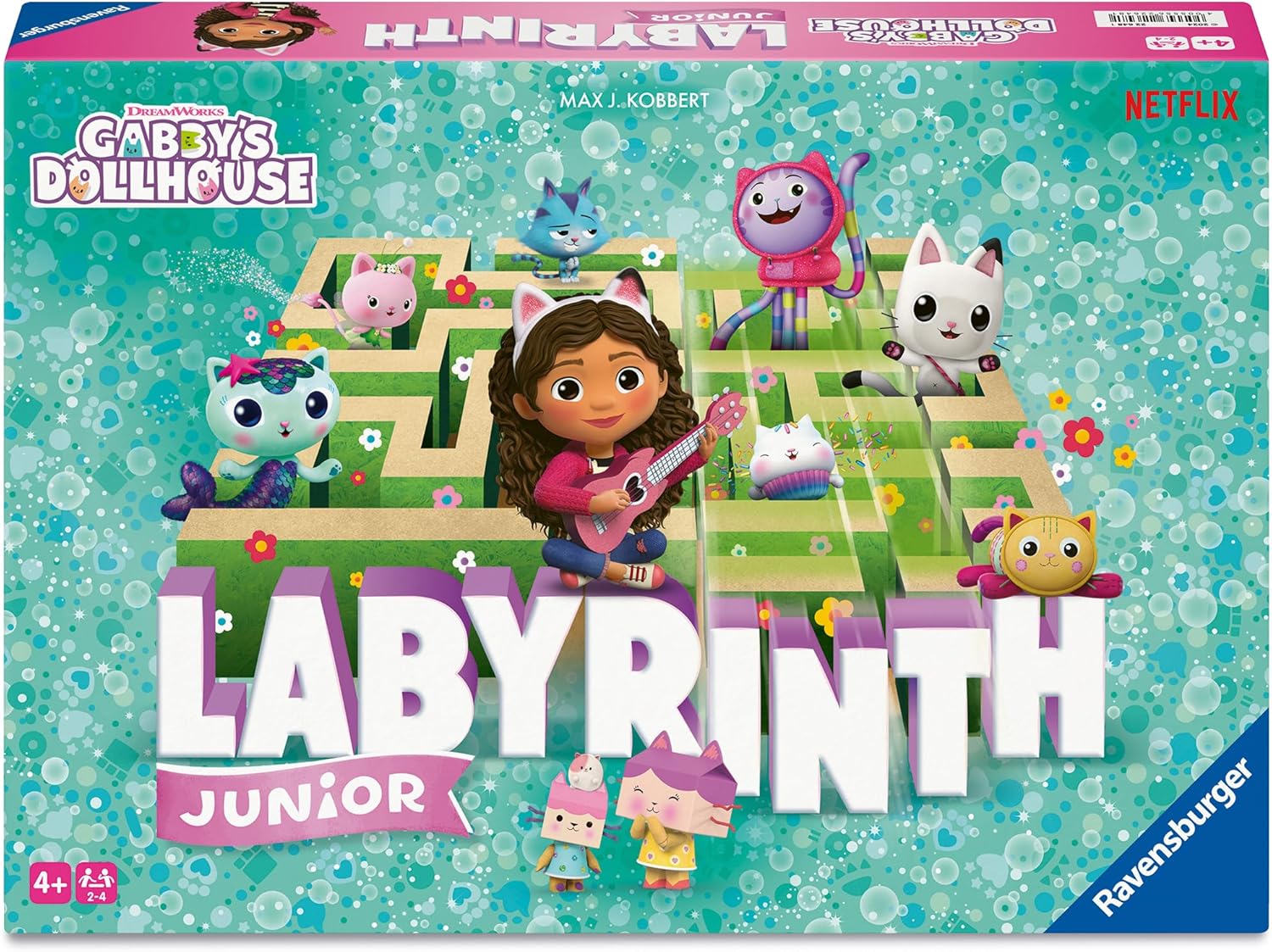 Board game box for 'Gabby's Dollhouse Labyrinth Junior' by Ravensburger with colorful characters and maze design.