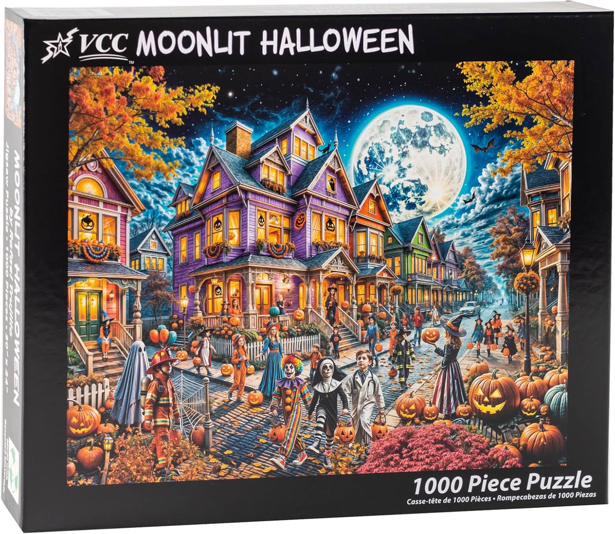 VCC Moonlit Halloween 1000-piece jigsaw puzzle box with a colorful illustration of a Halloween-themed village.