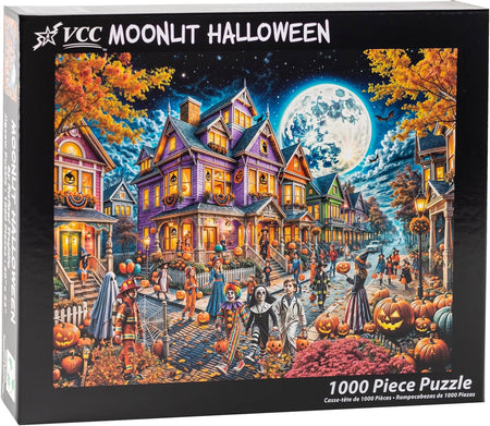 VCC Moonlit Halloween 1000-piece jigsaw puzzle box with a colorful illustration of a Halloween-themed village.
