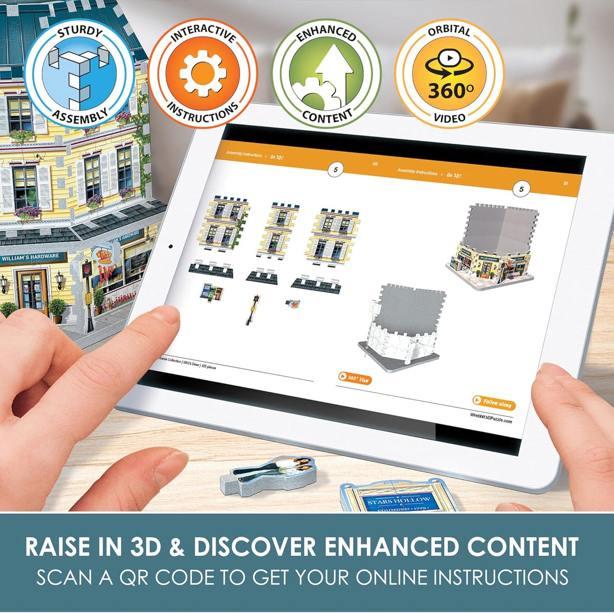 Person holding a tablet with 3D modeling software, showing a building design app with features like 'Sturdy Assembly', 'Interactive Instructions', 'Enhanced Content', and 'Orbital 360° Video'.