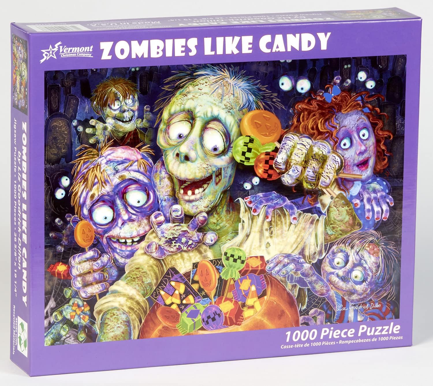 Vermont Christmas Company 1000-piece Jigsaw puzzle box with zombies and candy design