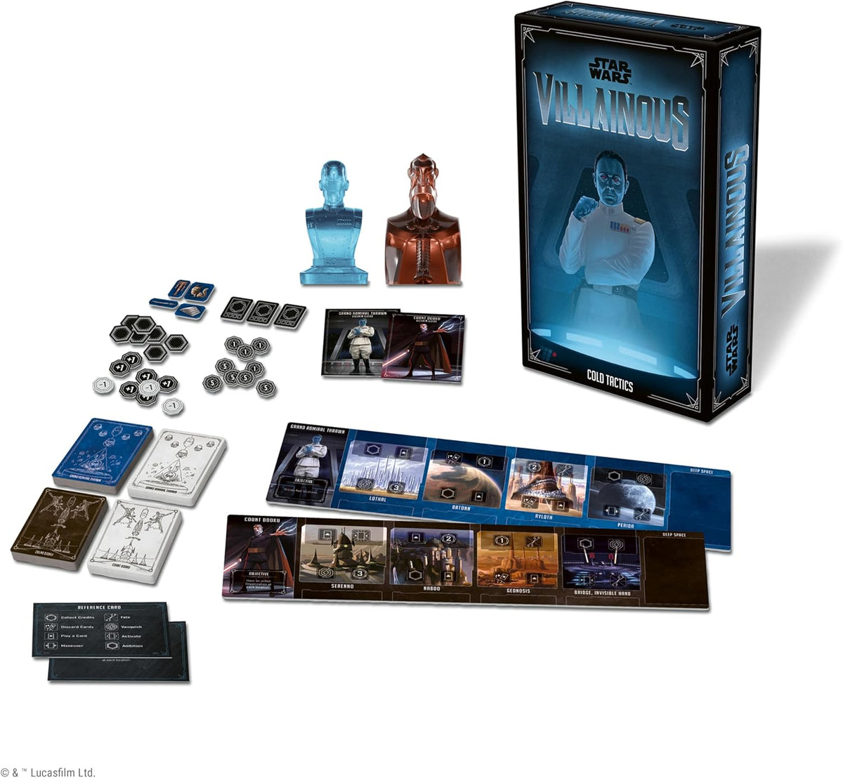 ravensburger Star Wars Villainous cold tactics game components including figures, cards, and box on a white background