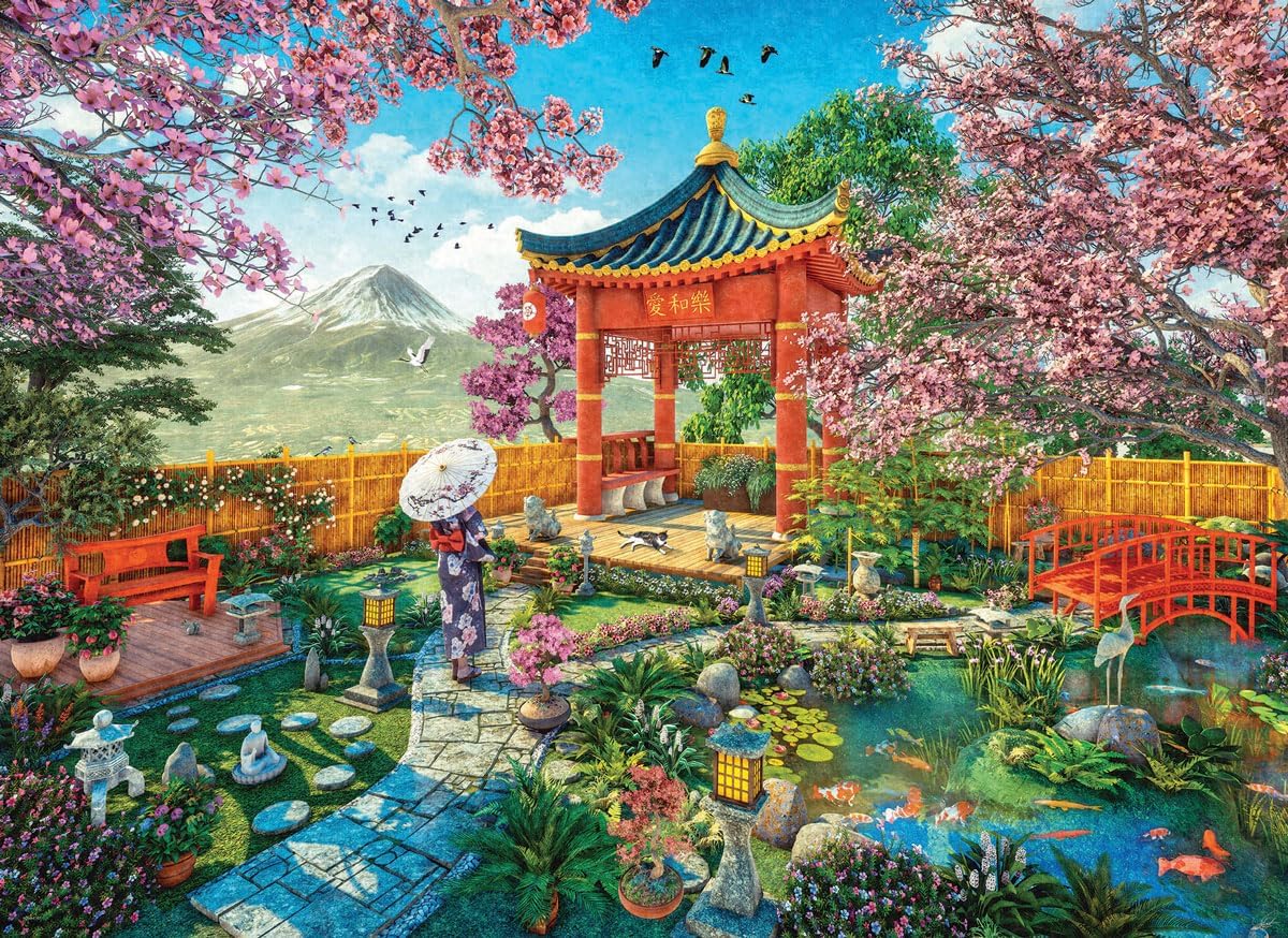 Eurographics 1000-piece jigsaw puzzle of Colorful Japanese spring garden with cherry blossoms, pagoda, and bridge.