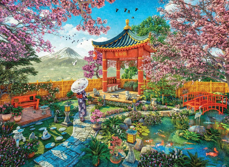 Eurographics 1000-piece jigsaw puzzle of Colorful Japanese spring garden with cherry blossoms, pagoda, and bridge.