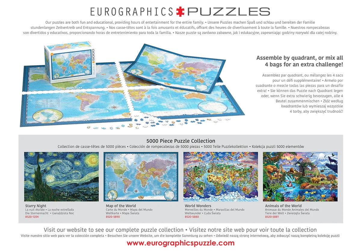 Eurographics puzzles advertisement with various puzzle pieces and a world map theme.