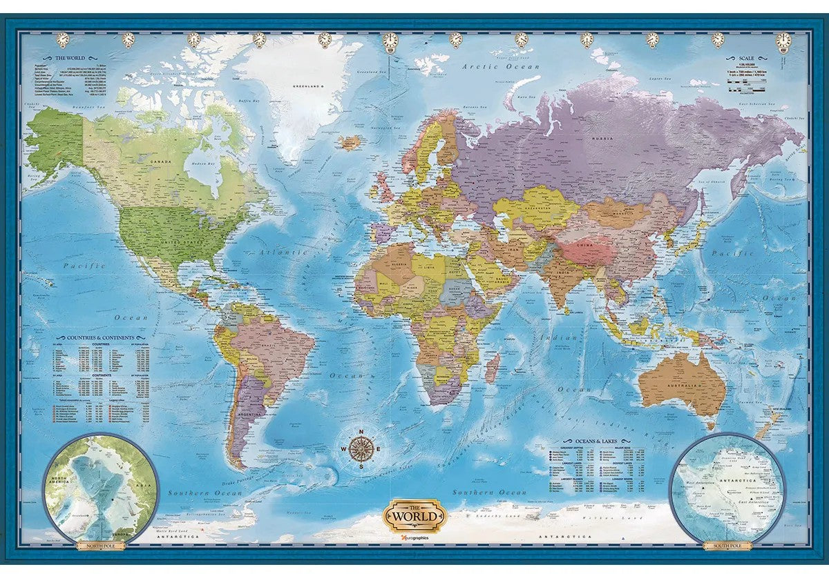 World map jigsaw puzzle with political divisions on a blue background