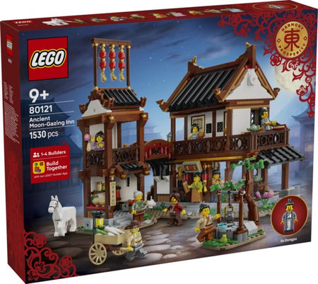 LEGO 80121 Ancient Moon-Gazing Inn set packaging with detailed building and people figures.