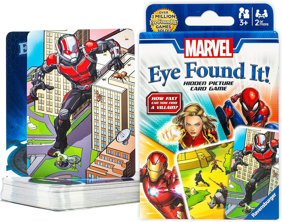 ravensburger Marvel 'Eye Found It!' hidden picture card game packaging with superhero illustrations.