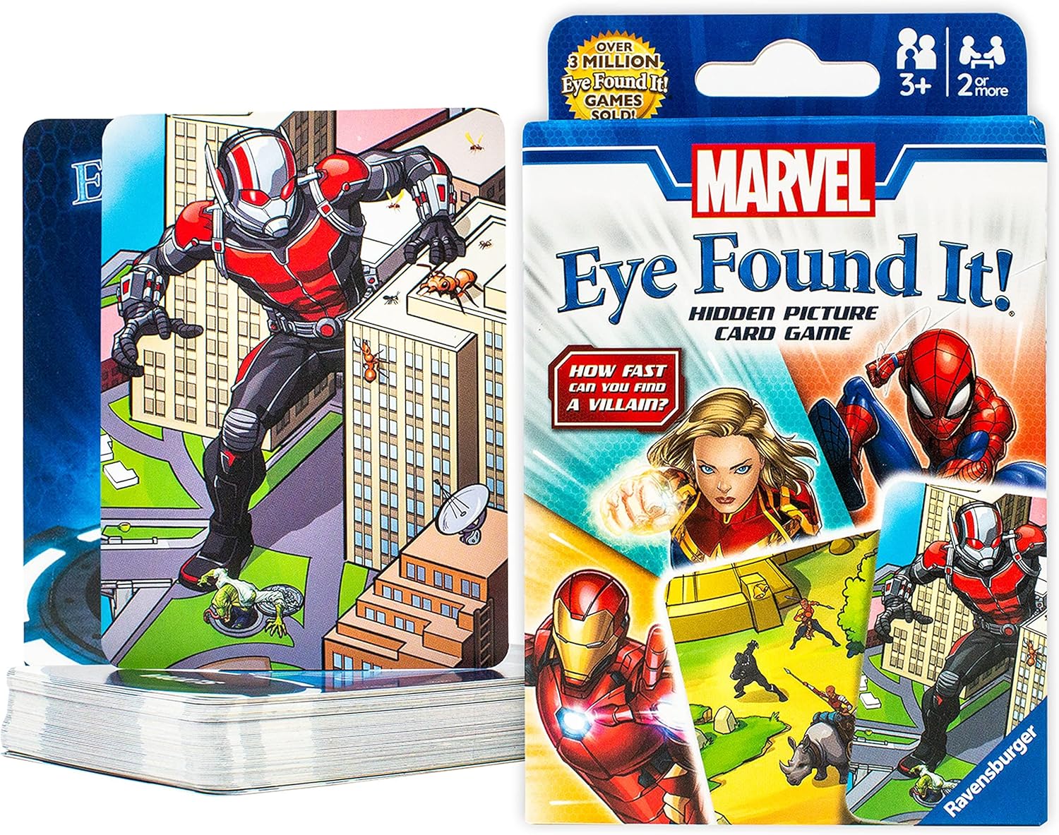 ravensburger Marvel 'Eye Found It!' hidden picture card game packaging with superhero illustrations.