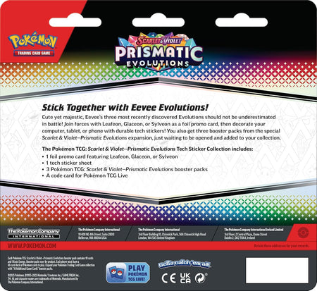 Pokémon Prismatic Evolutions trading card game packaging with colorful design and text.