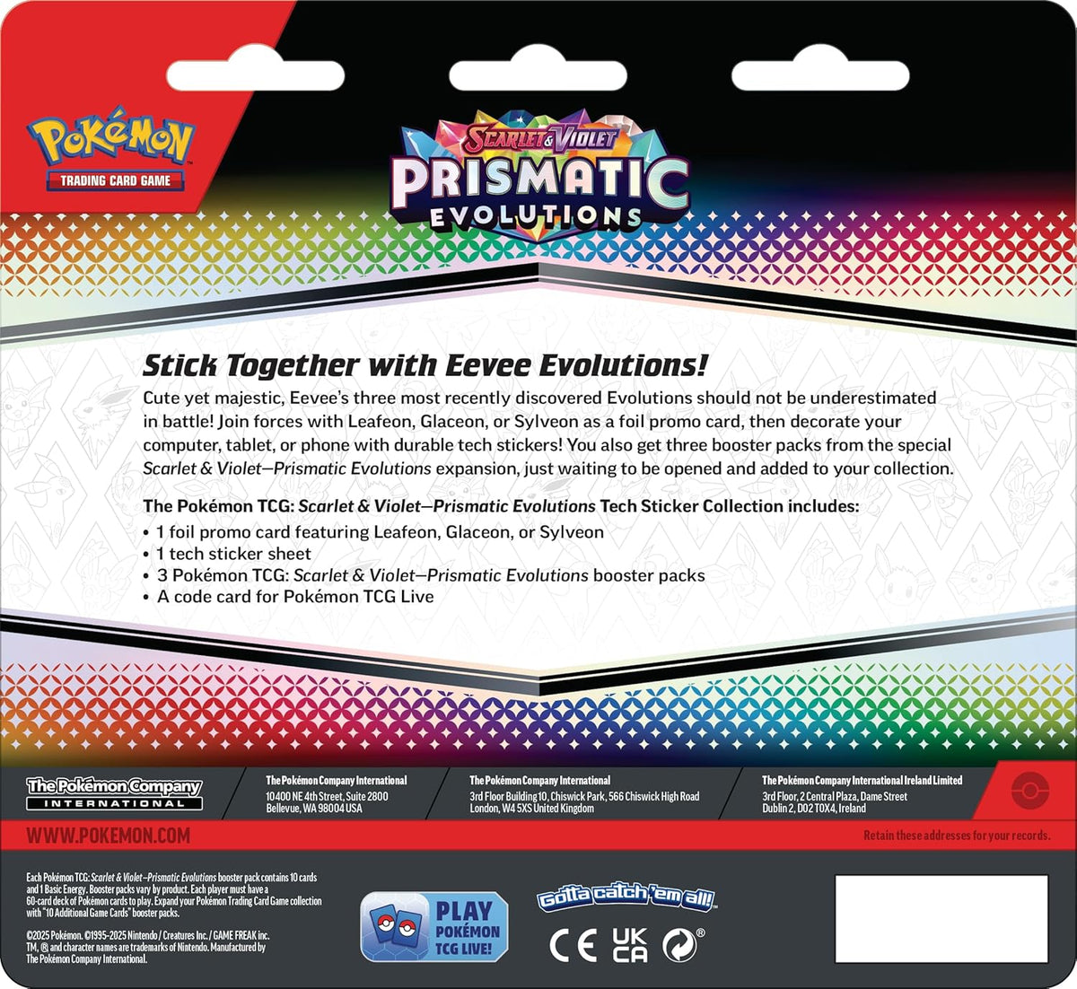 Pokémon Prismatic Evolutions trading card game packaging with colorful design and text.