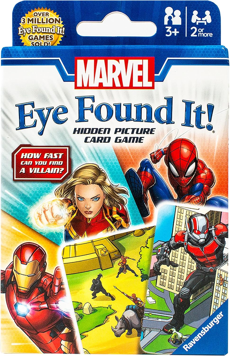 ravensburger Marvel Eye Found It! hidden picture card game packaging with superhero characters.