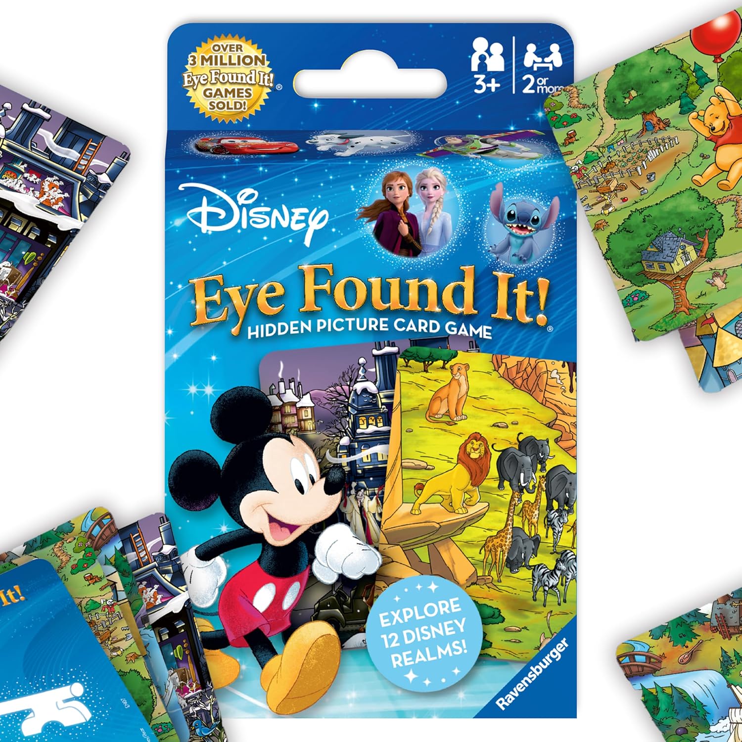 ravensburger Disney 'Eye Found It!' hidden picture card game packaging with characters and game pieces.