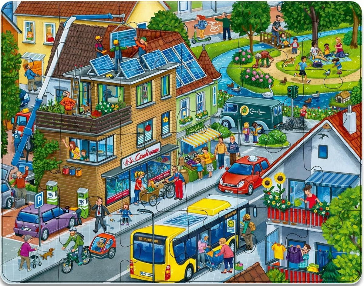 ravensburger Colorful children's jigsaw puzzle with a detailed city scene.
