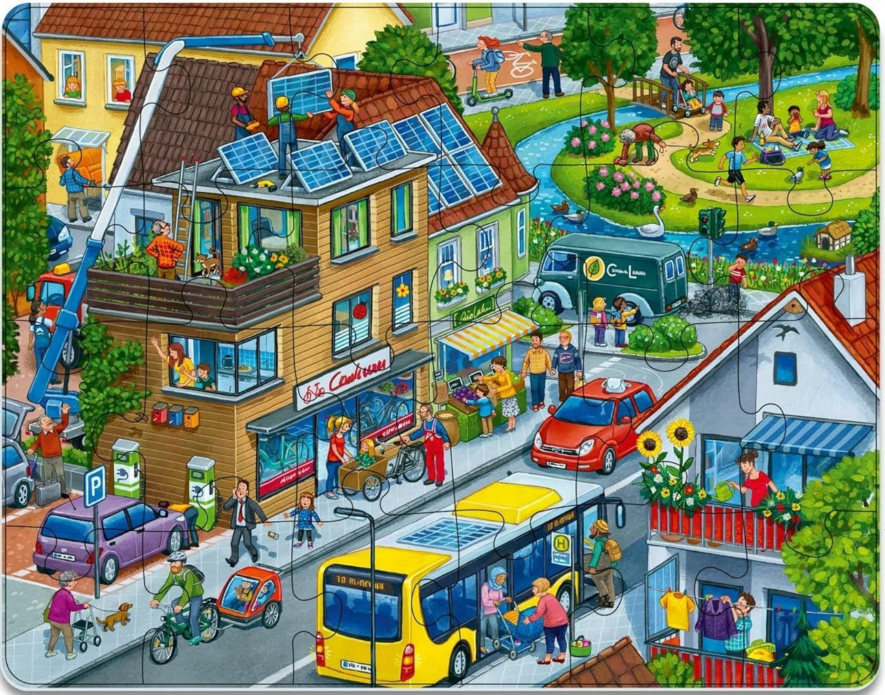 ravensburger Colorful children's jigsaw puzzle with a detailed city scene.