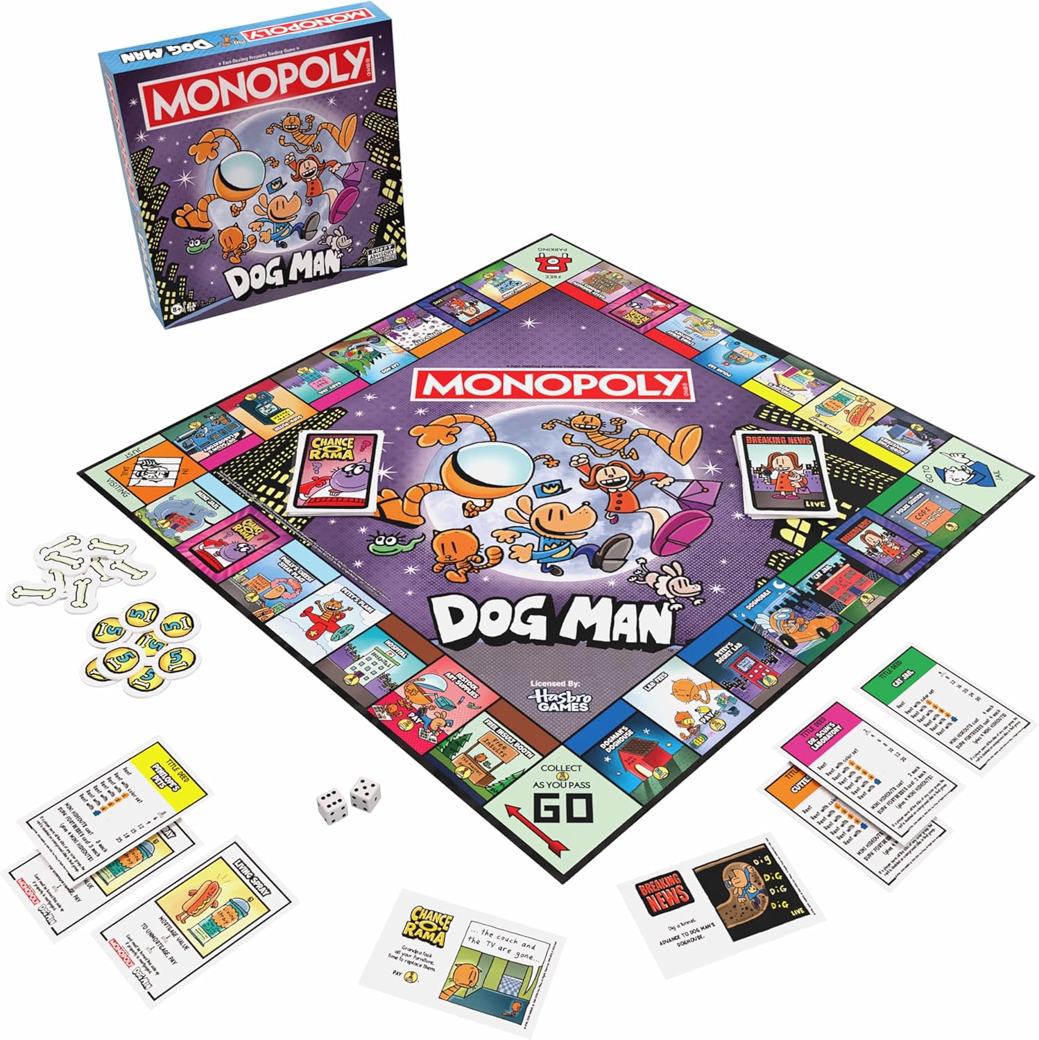 usaopoly Monopoly board game set with 'Dog Man' theme on a white background